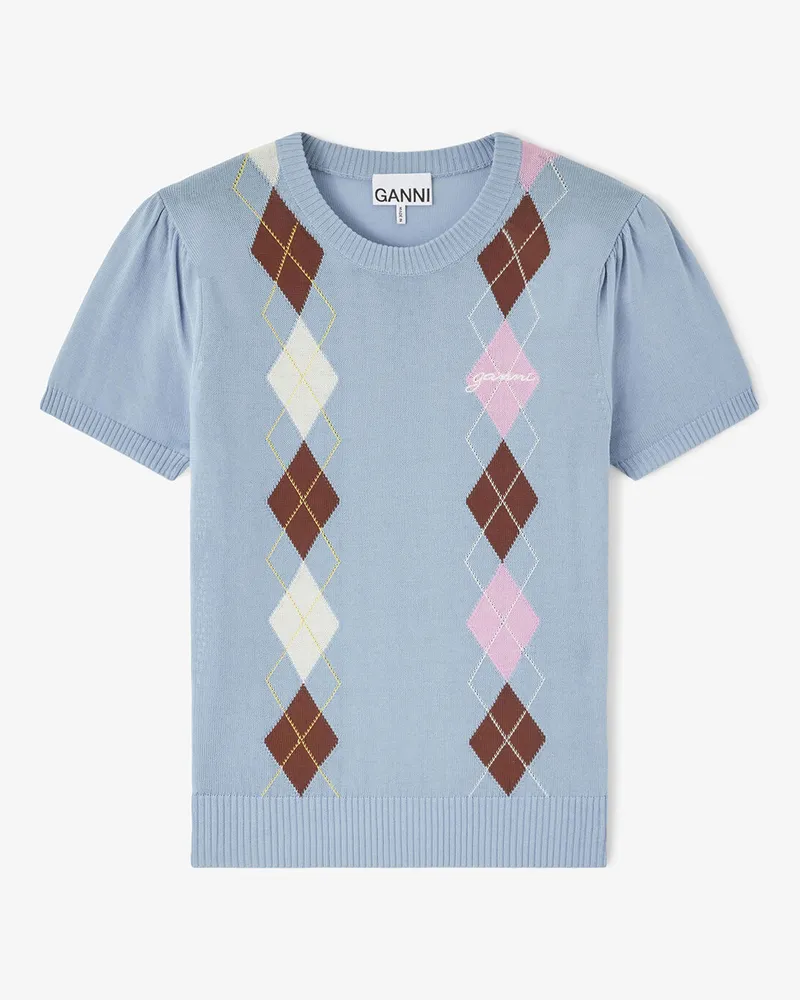 Ganni blau T-Shirt im Argyle-Muster Bio-Baumwolle - Größe Blau