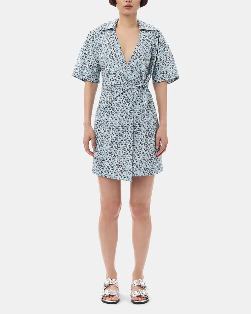 Ganni blau Mini-Wickelkleid aus Baumwolle mit blauem floralem Print Bio-Baumwolle - Größe Blau