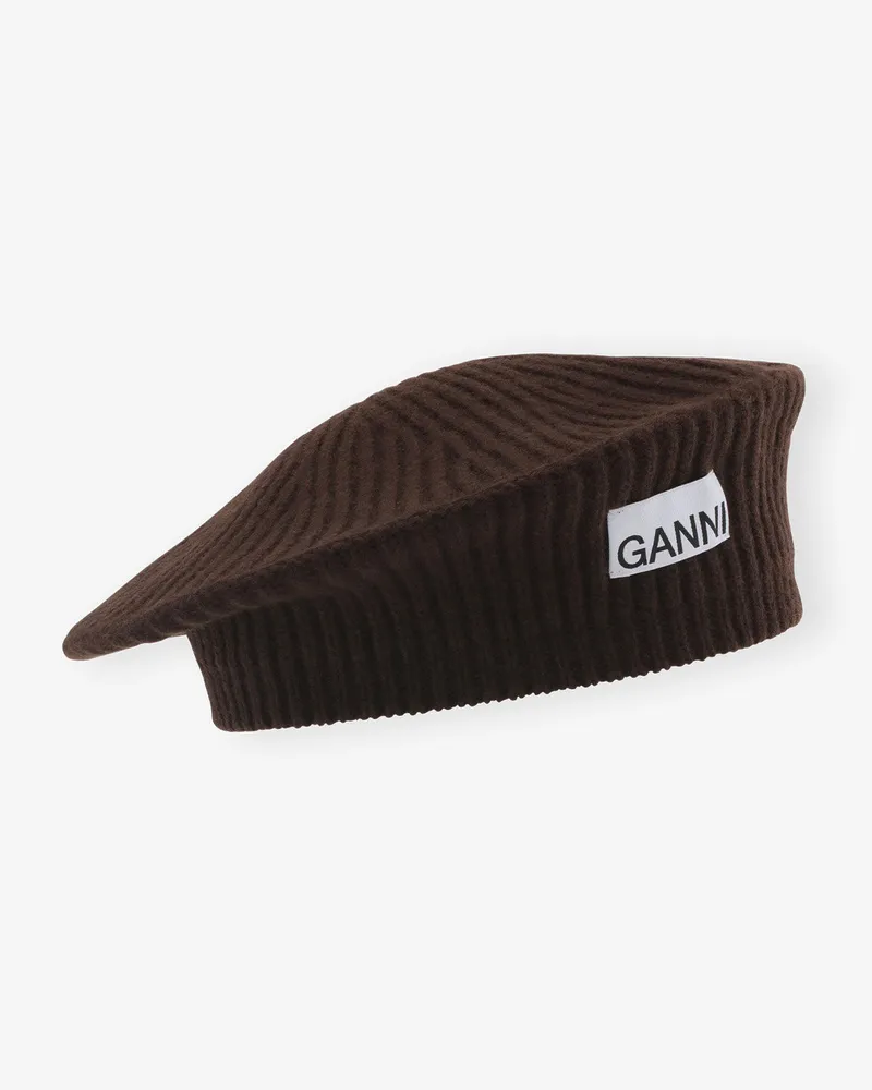 Ganni Braunes strukturiertes Rippen-Beret Hot Fudge Hot