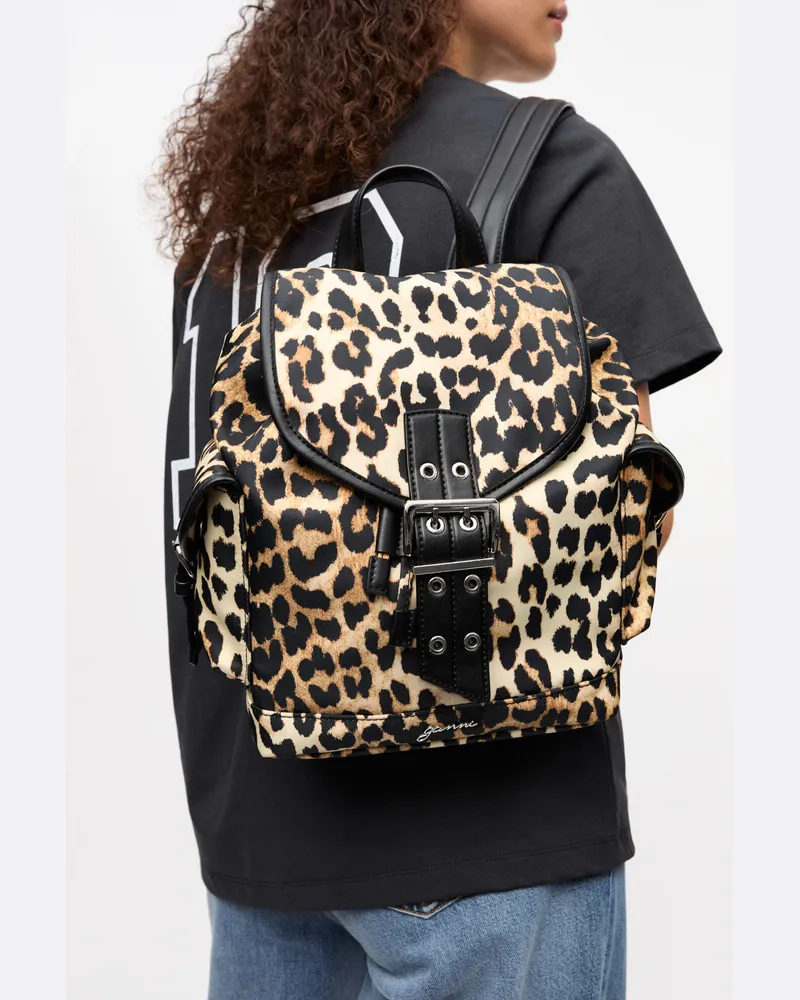 Ganni Kleiner Bucky-Rucksack aus Nylon mit Leopardenmuster gemischt 