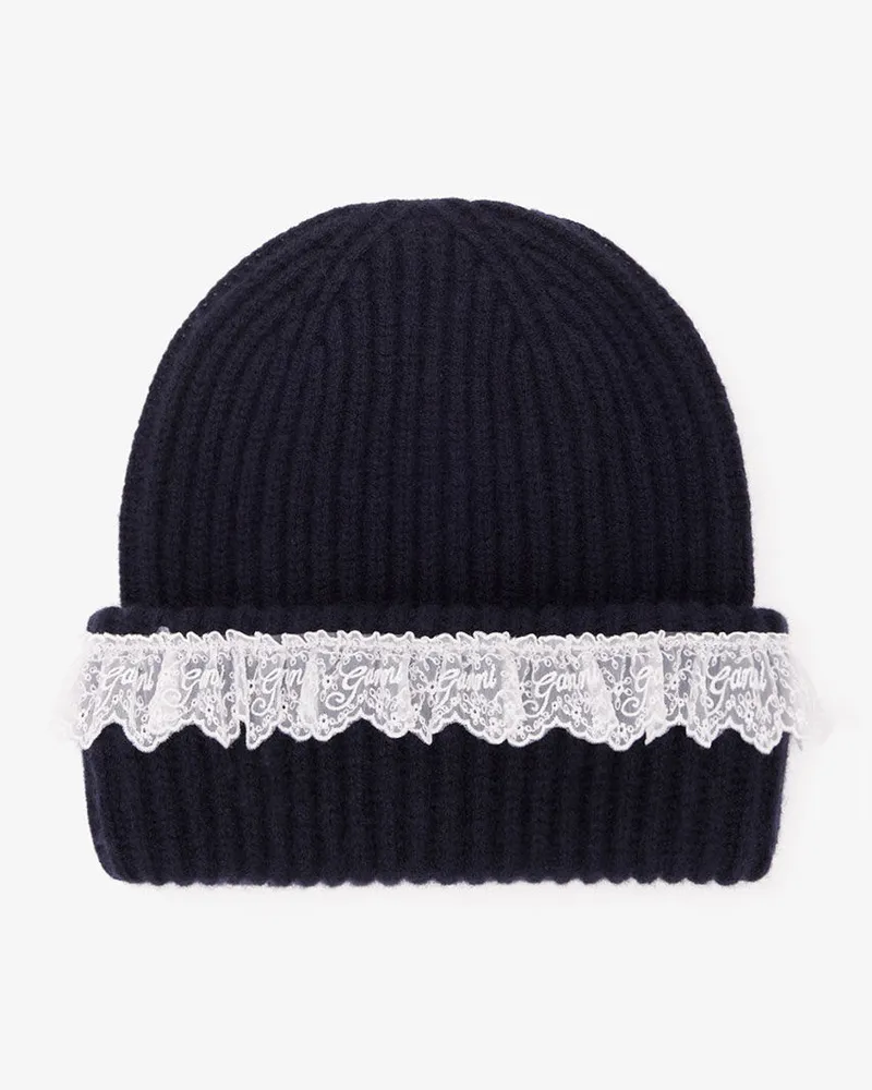 Ganni Beanie aus Spitzenwolle marineblau Marineblau