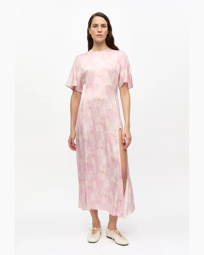 Ganni Primrose rosa geblümtes Stretch-Satinkleid mit Schlitz Elastan - Größe Primrose