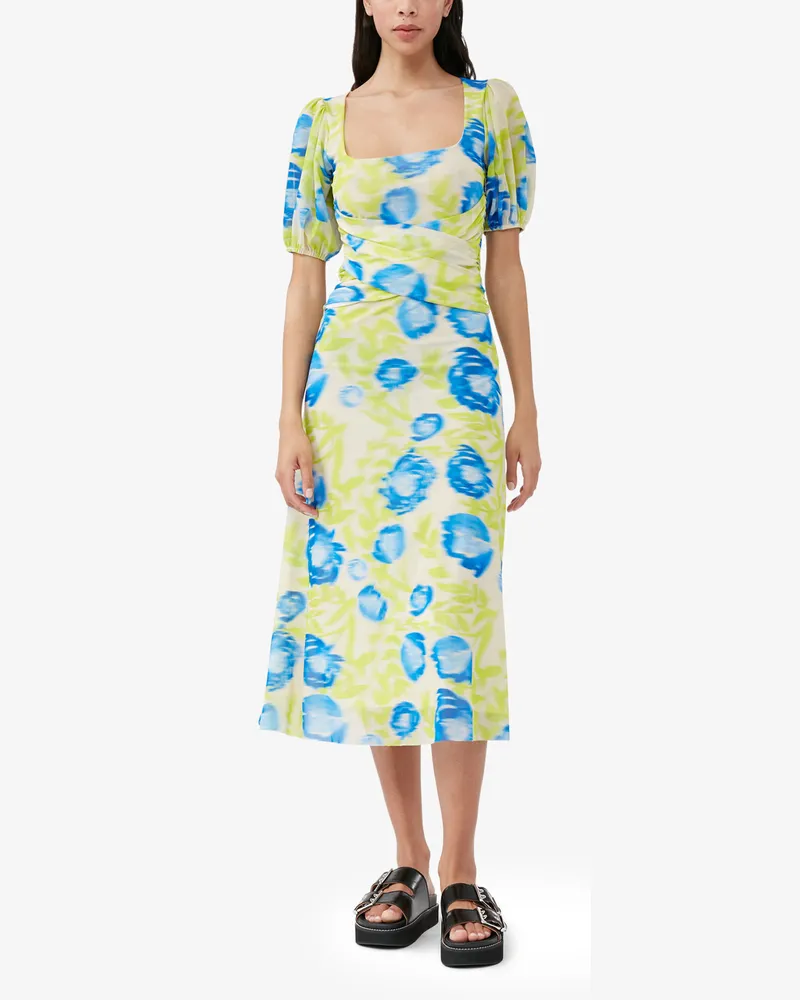 Ganni blau Midi-Kleid aus Mesh mit Print und Puffärmeln Recycelte Nylon - Größe Blau