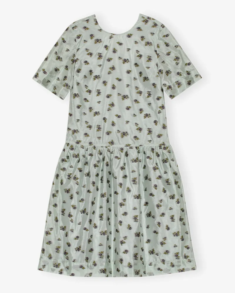 Ganni Grau bedrucktes Organza Jacquard Midikleid mit offenem Rücken und Blumenmuster - Größe Aqua Foam Aqua