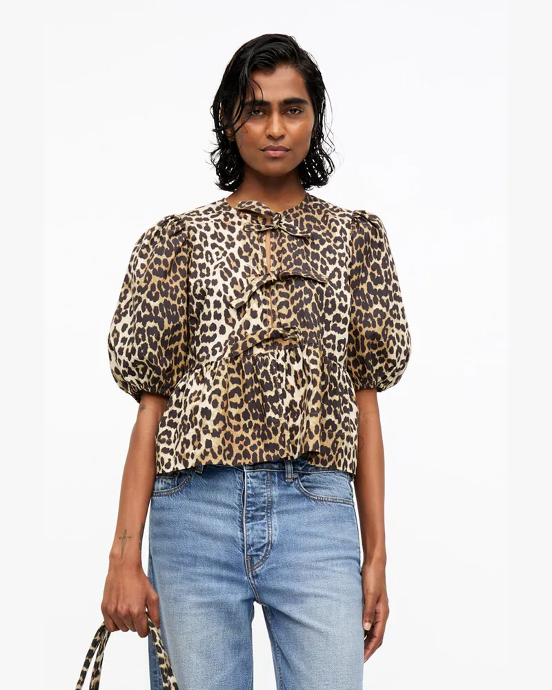Ganni gemischt Peplum-Bluse aus Baumwollpopeline mit Leopardenmuster und Bindeband Baumwolle - Größe Gemischt