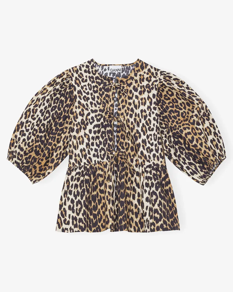 Ganni gemischt Peplum-Bluse aus Baumwollpopeline mit Leopardenmuster und Bindeband Bio-Baumwolle - Größe Gemischt