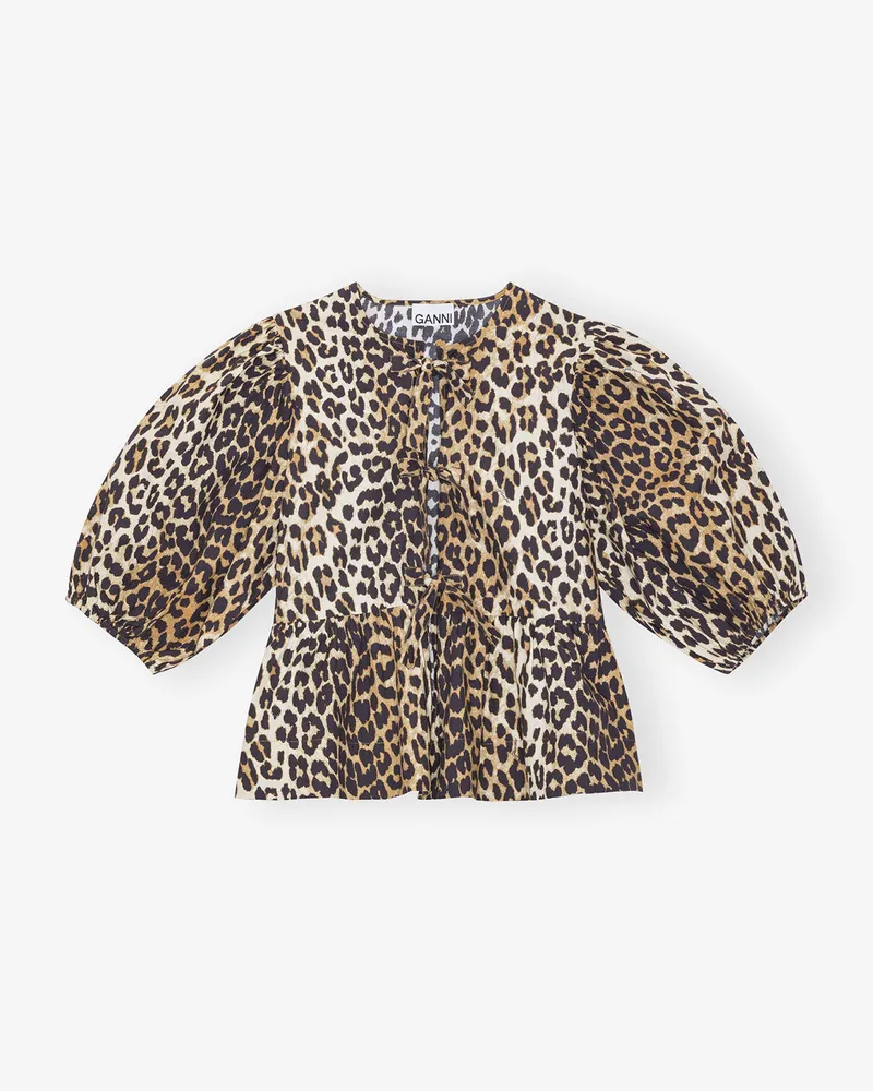 Ganni gemischt Peplum-Bluse aus Baumwollpopeline mit Leopardenmuster und Bindeband Bio-Baumwolle - Größe Gemischt