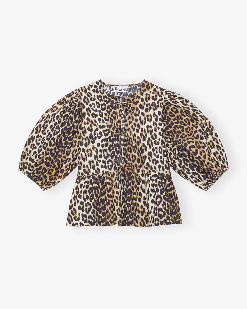Ganni gemischt Peplum-Bluse aus Baumwollpopeline mit Leopardenmuster und Bindeband Bio-Baumwolle - Größe Gemischt