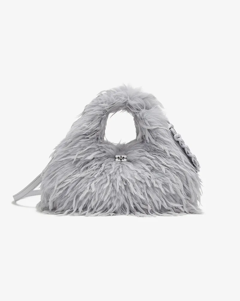 Ganni Mini-Hobo-Tasche mit blauen Federn Quiet Gray Quiet