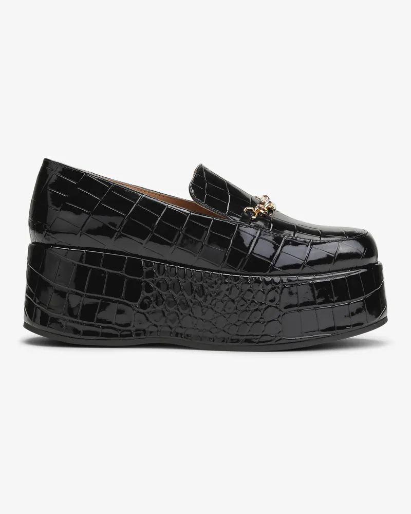 Ganni Schwarze Patent Croco Loafer mit Schmetterlingskette und Plateau schwarz Schwarz