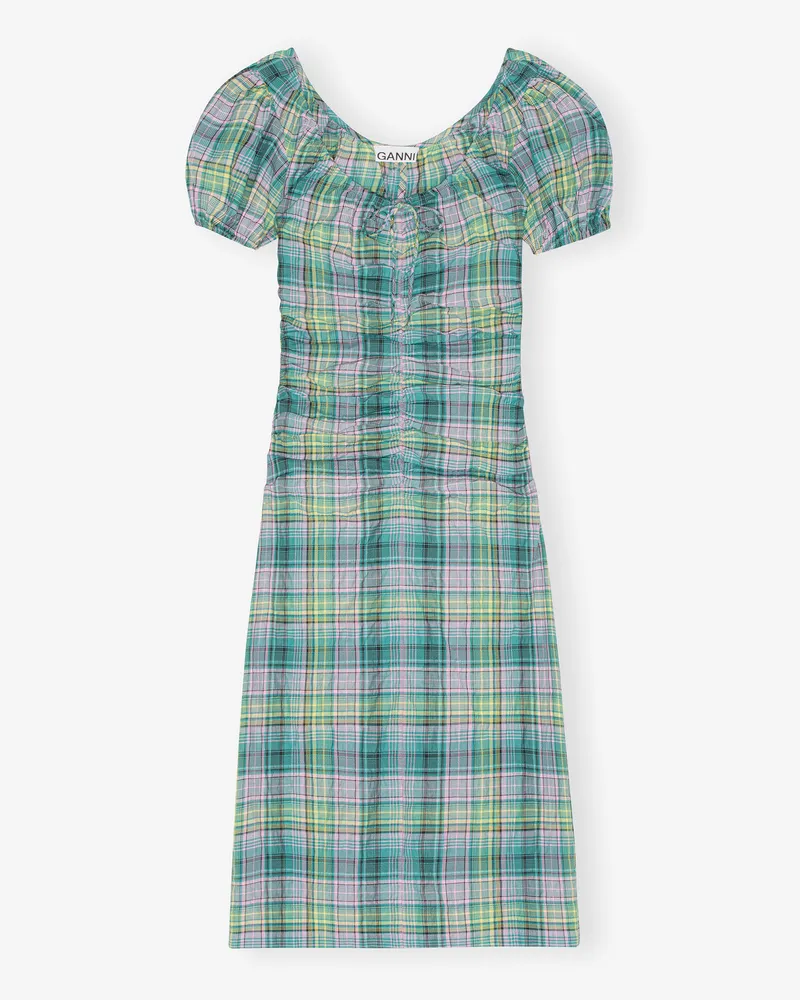 Ganni Midi-Kleid in Seersucker-Karo mit Raffungen und U-Ausschnitt grün Grün