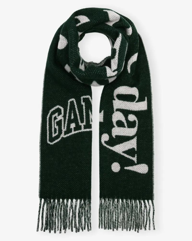Ganni grün Fringed Wool Schal Forest Night Forest