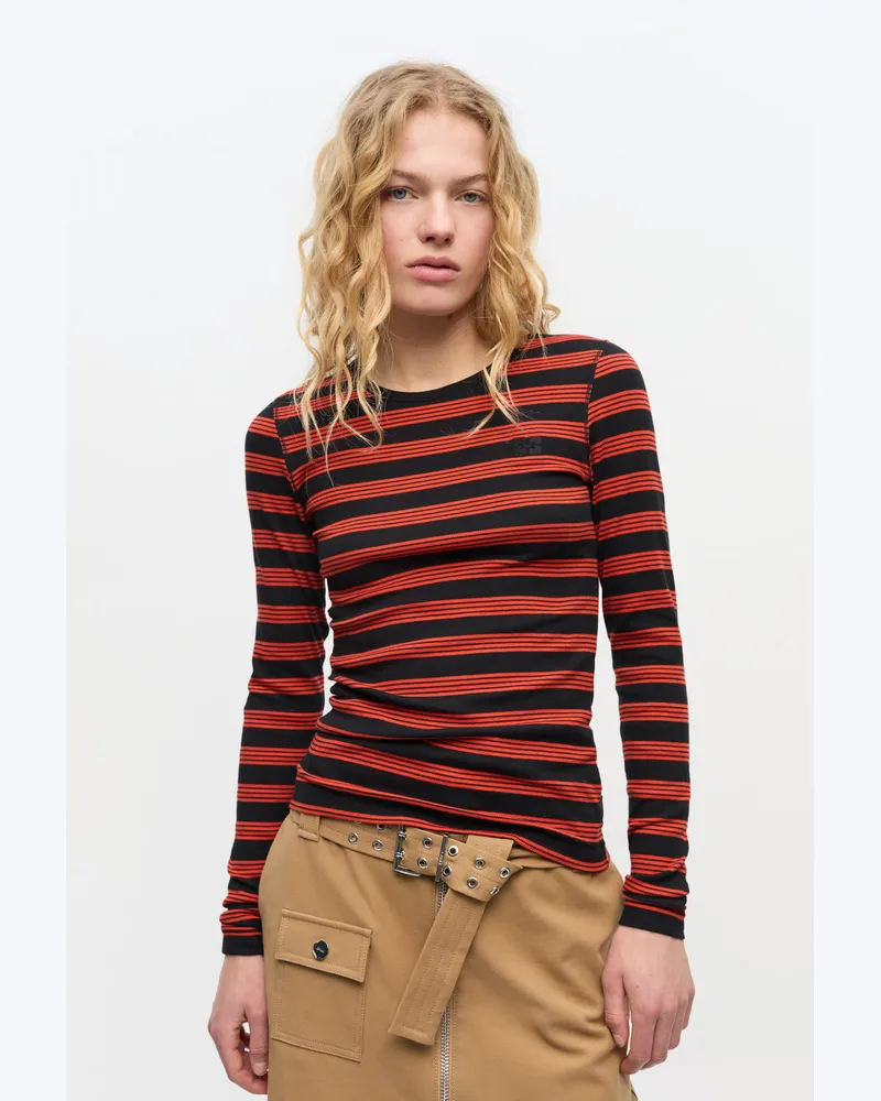 Ganni rot Gestreiftes Ripp-Langarm-T-Shirt aus weicher Baumwolle Bio-Baumwolle - Größe Rot