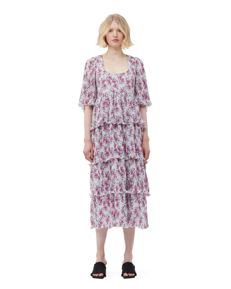 Ganni Gesmoktes Midikleid aus plissiertem Georgette mit Volants - Größe Mauve Chalk Mauve