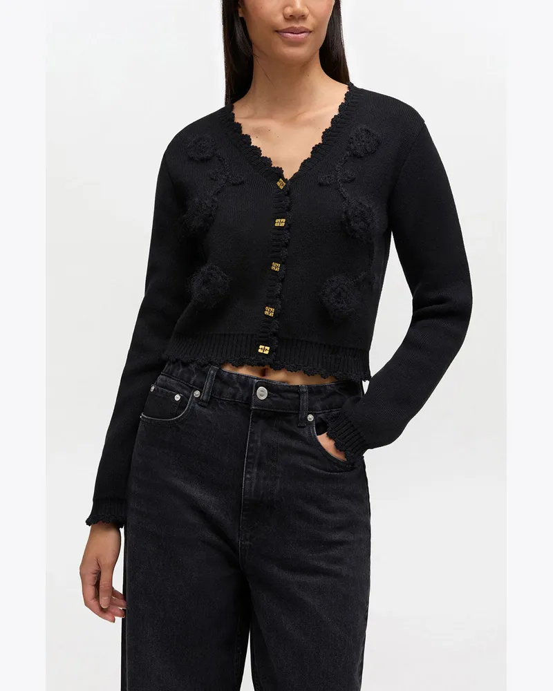 Ganni Schwarze Strickjacke mit Häkelapplikation - Größe schwarz Schwarz