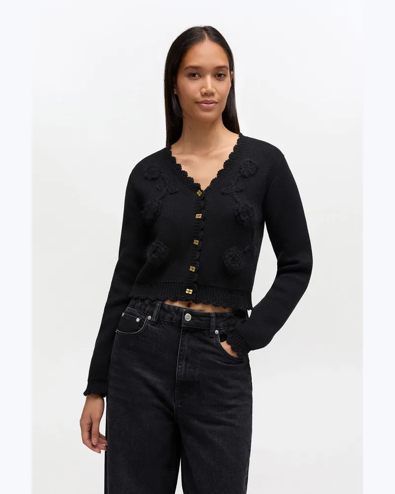Ganni Schwarze Strickjacke mit Häkelapplikation - Größe schwarz Schwarz