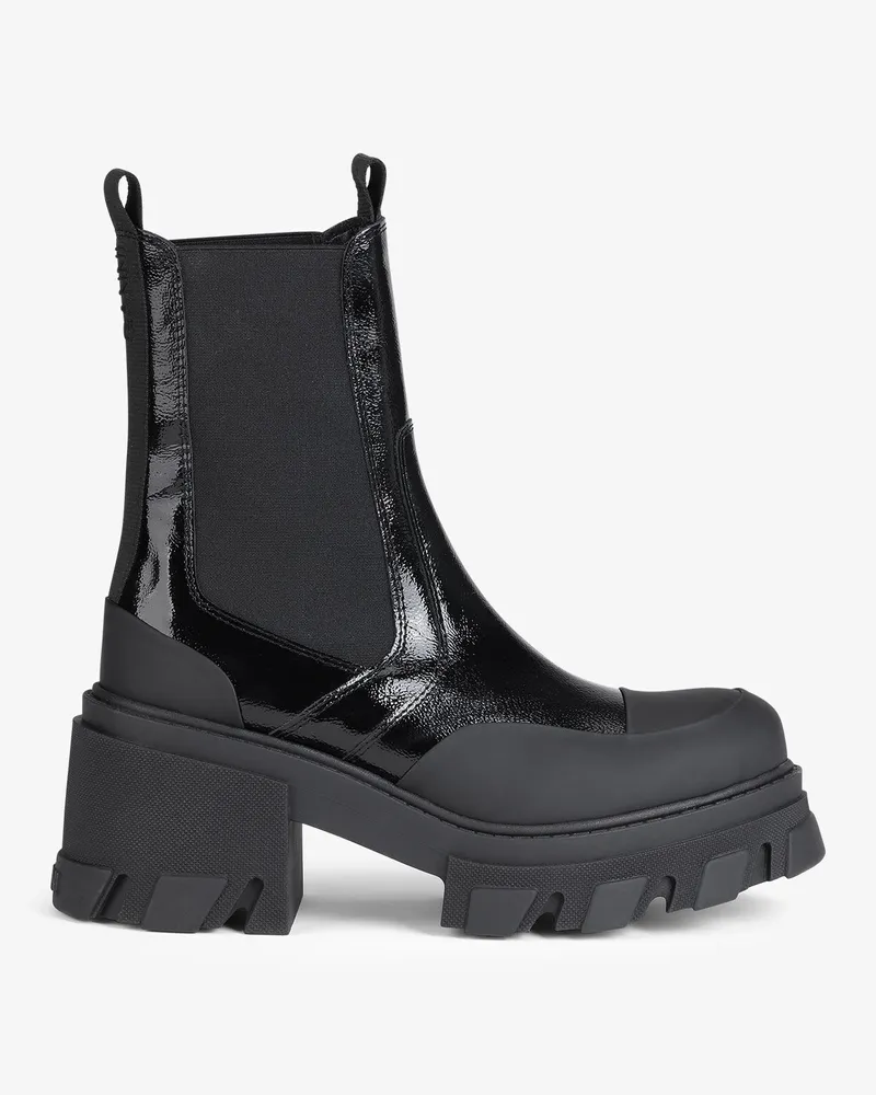 Ganni Mittelhohe Chelsea-Stiefel mit Absatz und grober Sohle in schwarzem Lackleder schwarz Schwarz