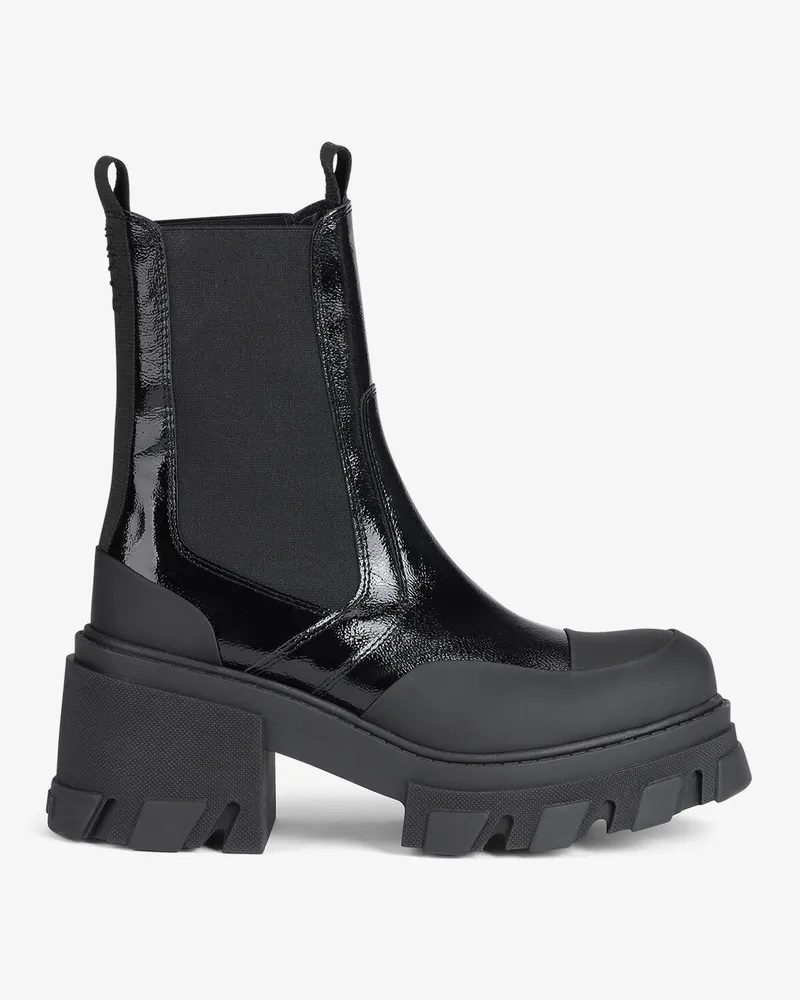 Ganni Mittelhohe Chelsea-Stiefel mit Absatz und grober Sohle in schwarzem Lackleder - Größe schwarz Schwarz