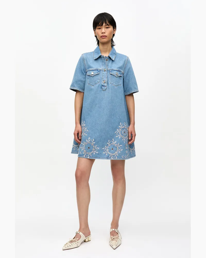Ganni blau Hellblaues Jeans-Minikleid mit Lockstickerei Bio-Baumwolle - Größe Blau