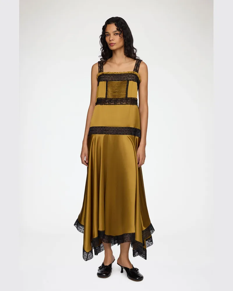 Ganni Kleid aus grünem Seidensatin Ecru Olive Ecru