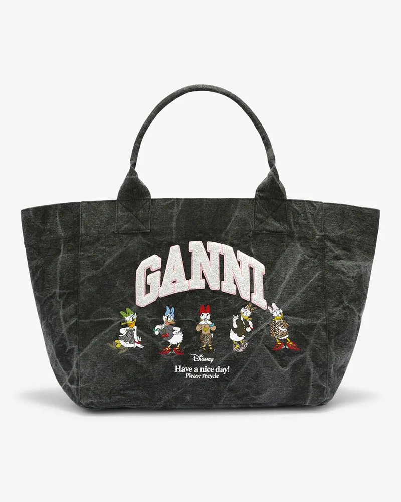Ganni Gewaschene mittelgroße Tragetasche mit Daisy-Duck-Motiv schwarz 