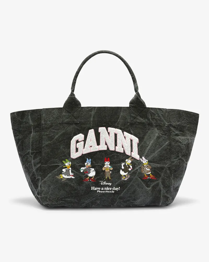 Ganni Gewaschene mittelgroße Tragetasche mit Daisy-Duck-Motiv schwarz Oyster 
