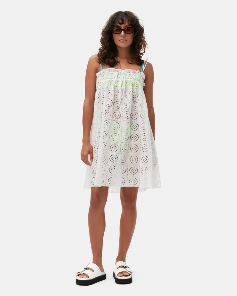 Ganni weiß Weißes Trägerkleid mit Broderie-Anglaise Baumwolle - Größe Weiß