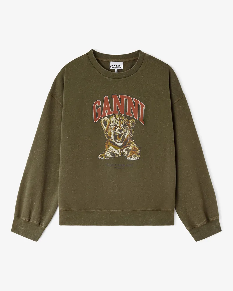 Ganni grün Rundhalspullover mit Tiger Bio-Baumwolle - Größe Grün