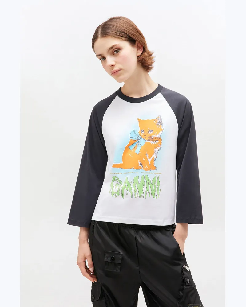 Ganni weiß Weißes, kurz geschnittenes T-Shirt mit Kätzchenprint Baumwolle - Größe Weiß