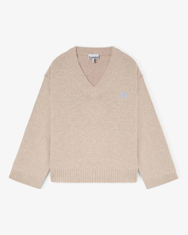 Ganni beige beigefarbener Pullover mit V-Ausschnitt aus einer Wollmischung Wolle - Größe Beige