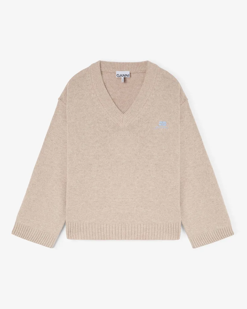 Ganni beige beigefarbener Pullover mit V-Ausschnitt aus einer Wollmischung Wolle - Größe Beige