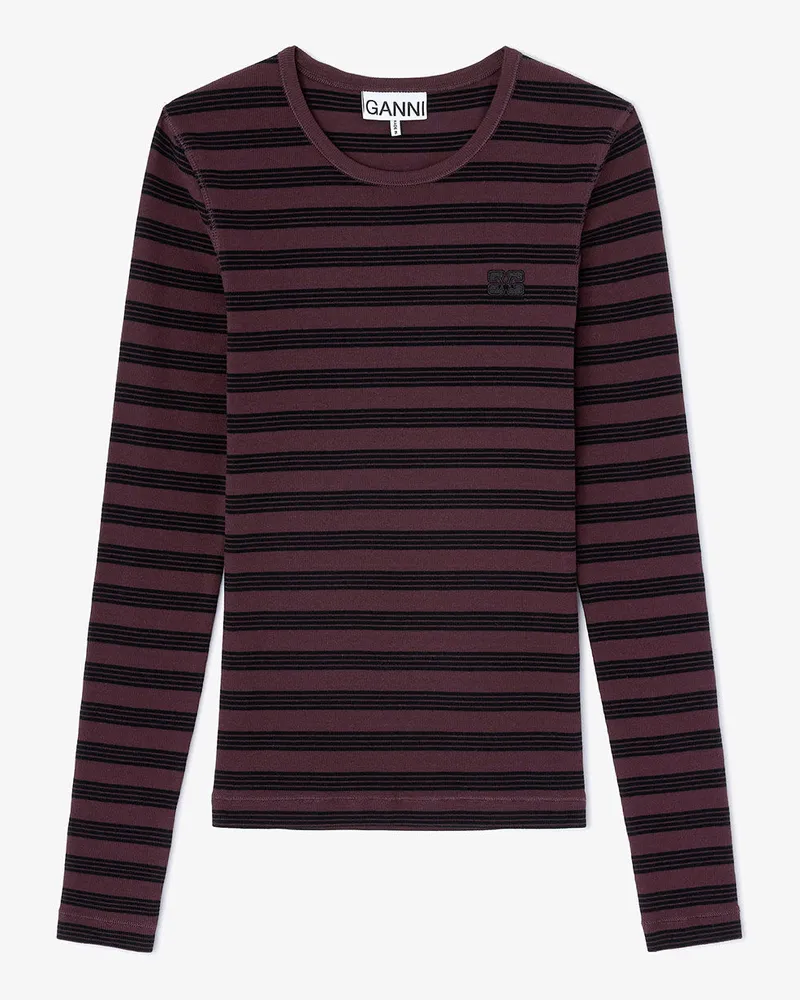 Ganni Chocolate Plum Geripptes Langarmshirt mit Streifen - Größe Chocolate