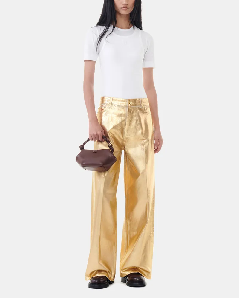 Ganni weiß Wide Jeans mit goldfarbenfarbener Folie Bio-Baumwolle - Größe Weiß