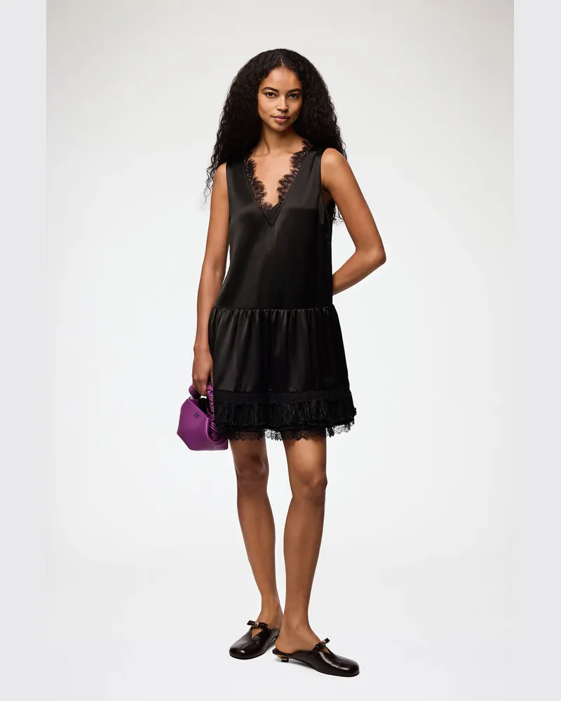 Ganni Kleid aus Spitzensatin schwarz Schwarz