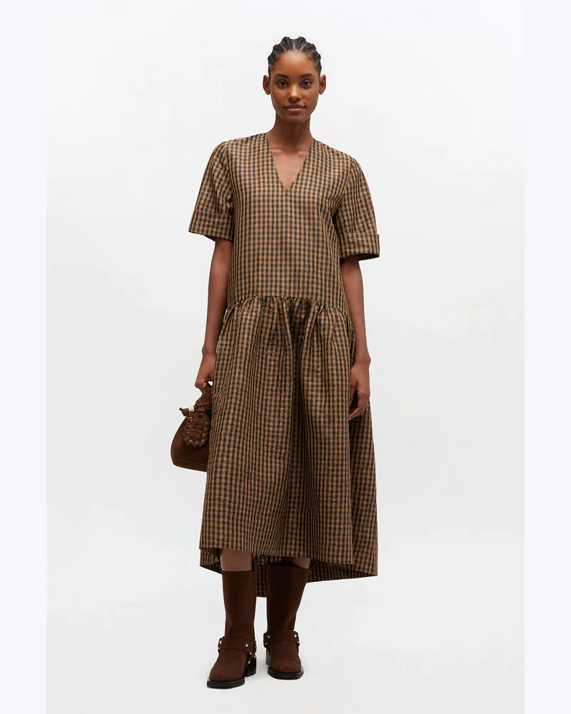 Ganni braun Langes Kleid in Knitteroptik mit Karomuster - Größe Braun