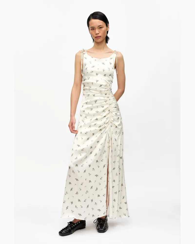 Ganni weiß Bedrucktes Satin-Kleid mit Raffung Elastan - Größe Weiß