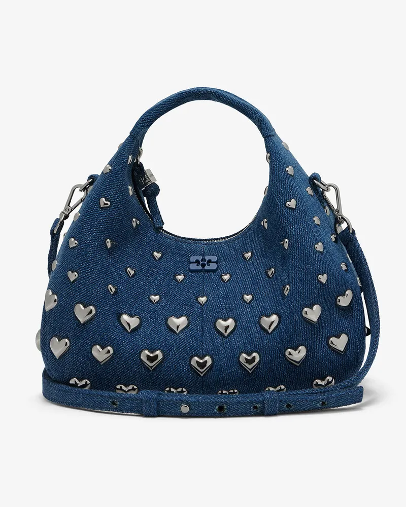Ganni Mini-Hobo-Tasche aus Denim mit Nieten marineblau Peony Marineblau