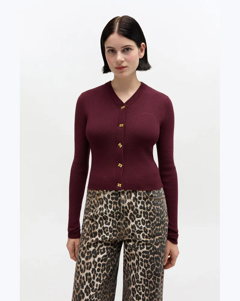 Ganni rot Dahlia Gerippt Strickjacke mit V-Ausschnitt - Größe Rot