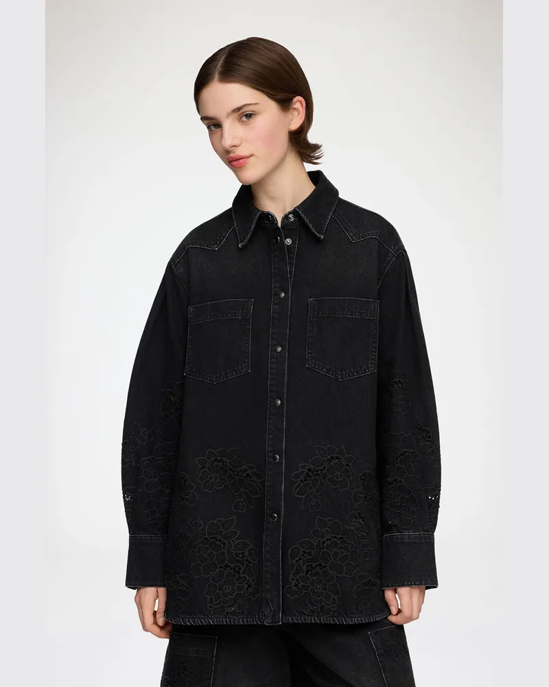 Ganni schwarz Hemd aus Denim mit Broderie Anglaise Bio-Baumwolle - Größe Schwarz
