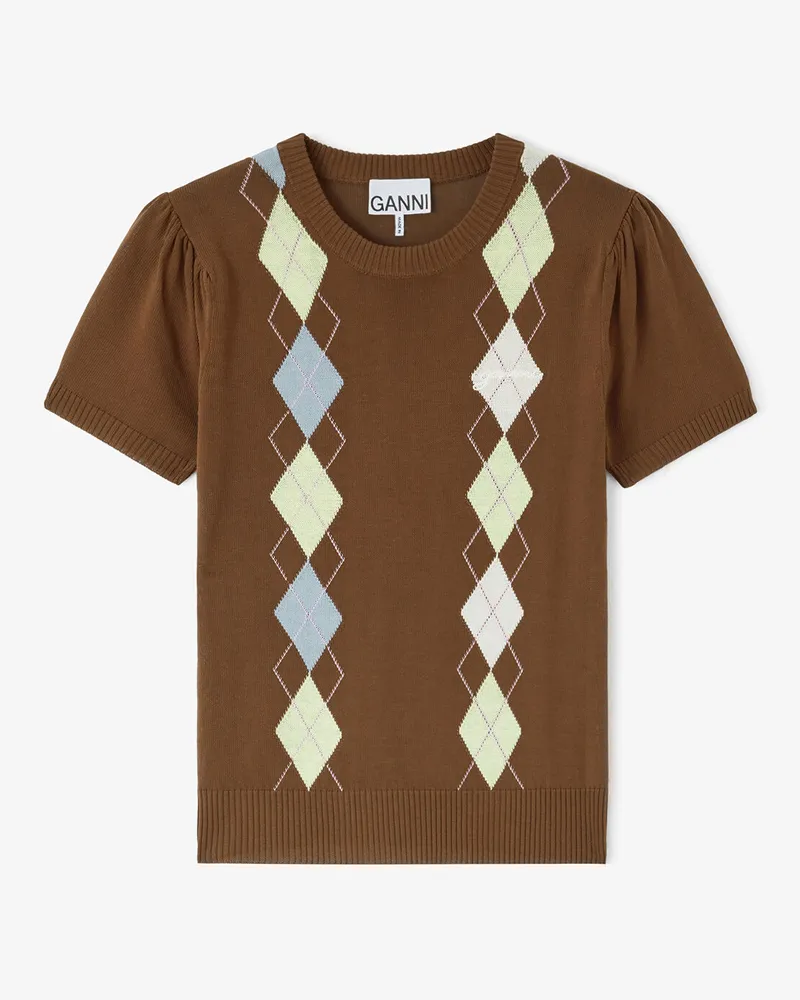 Ganni Tiramisu T-Shirt im Argyle-Muster Bio-Baumwolle - Größe Tiramisu