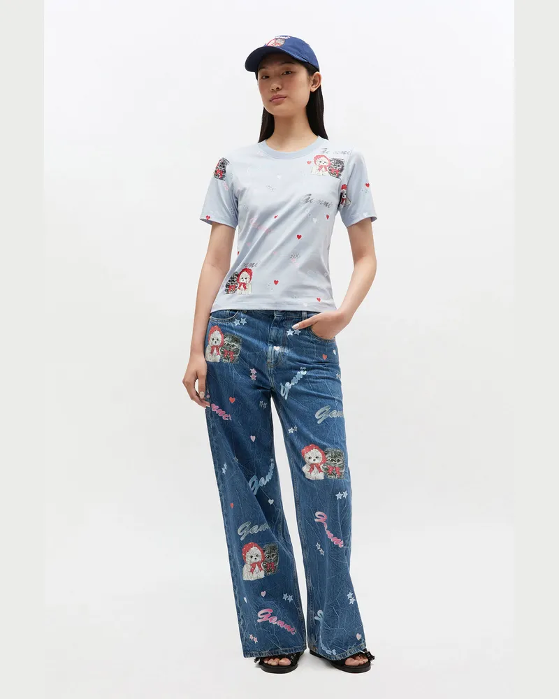 Ganni Soft Chambray Kürzer geschnittenes graues T-Shirt mit Animal-Print Baumwolle - Größe Soft