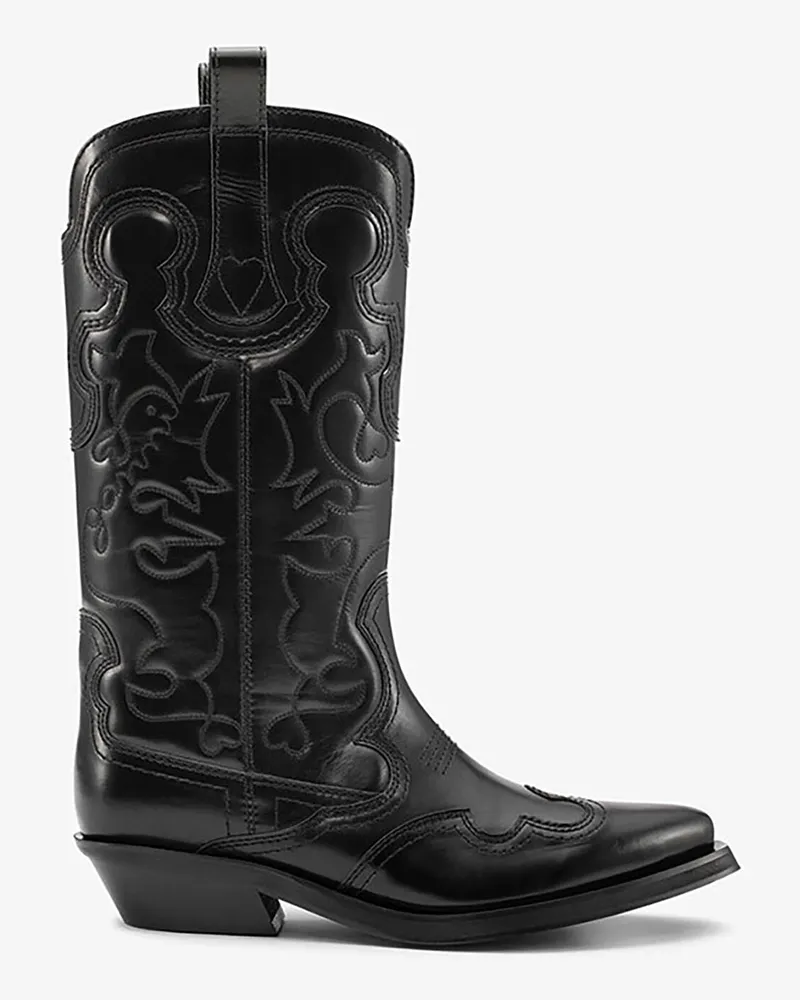 Ganni Westernstiefel mit mittlerer Schaftlänge und Stickerei in Schwarz Schwarz