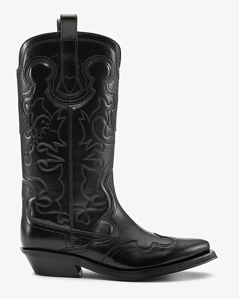 Ganni Westernstiefel mit mittlerer Schaftlänge und Stickerei in Schwarz Schwarz