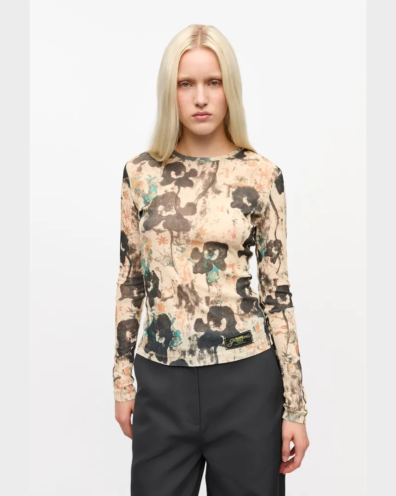 Ganni Bedrucktes Longsleeve aus meliertem Mesh - Größe beige Beige