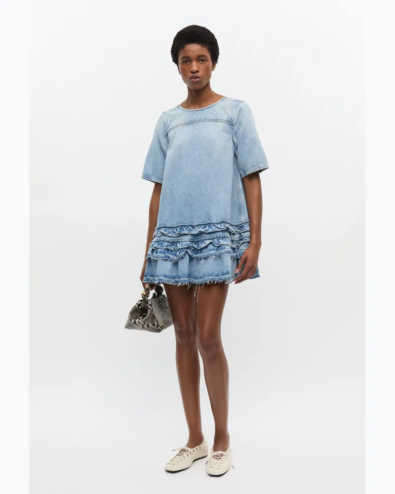 Ganni blau Hellblaues Minikleid aus Jeans mit Rüschen Bio-Baumwolle - Größe Blau
