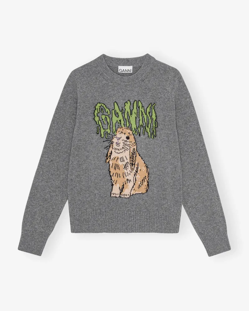 Ganni Grauer Grafik-Kaninchen Pullover - Größe Frost Gray Frost