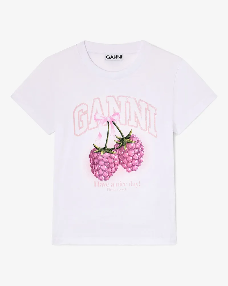 Ganni weiß T-Shirt im Baby Fit mit Himbeere Bio-Baumwolle - Größe Weiß