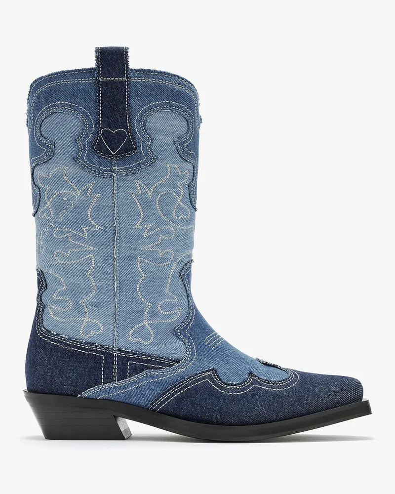 Ganni blau Bestickte Westernstiefel in mittlerer Höhe aus Denim Bio-Baumwolle - Größe Blau