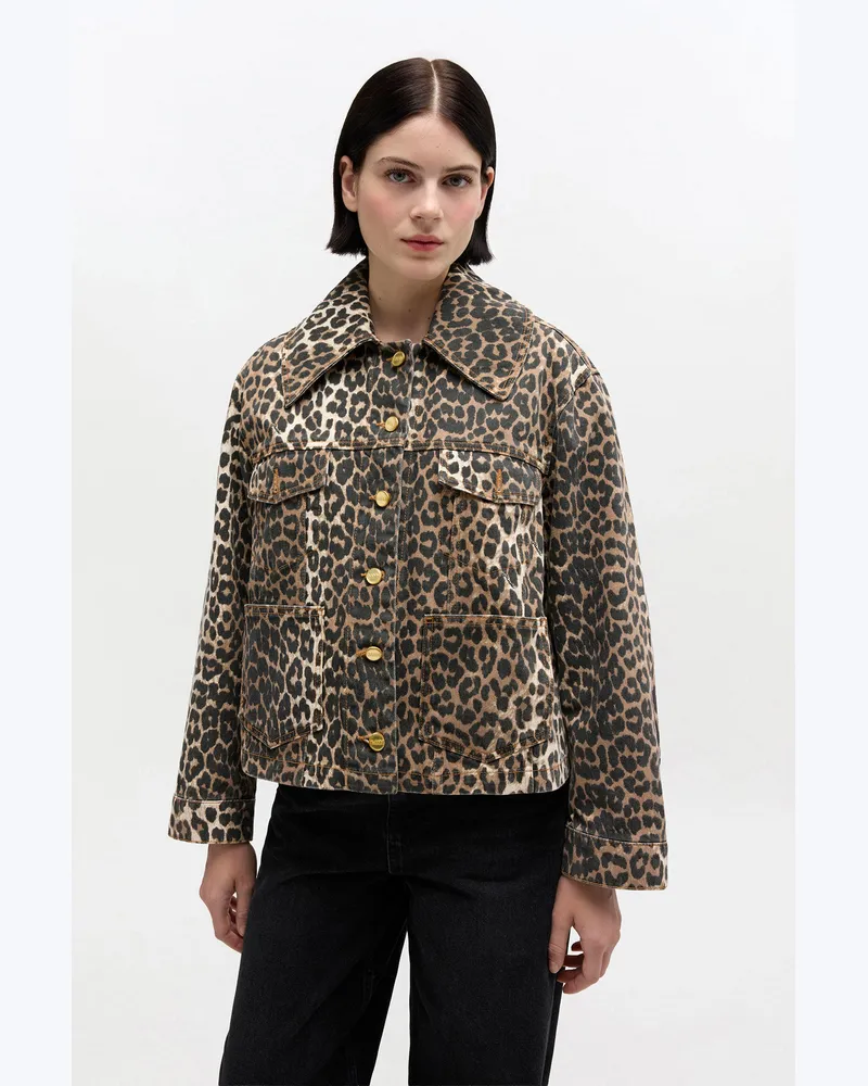 Ganni Almond Milk Jeansjacke mit Leopardenmuster - Größe Almond