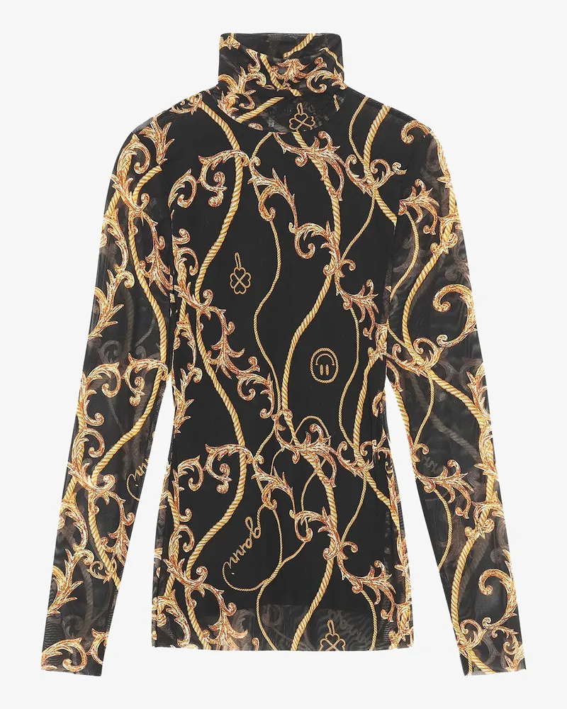 Ganni schwarz Schwarzer bedruckter transparenter Mesh-Rollkragen Nylon - Größe Schwarz